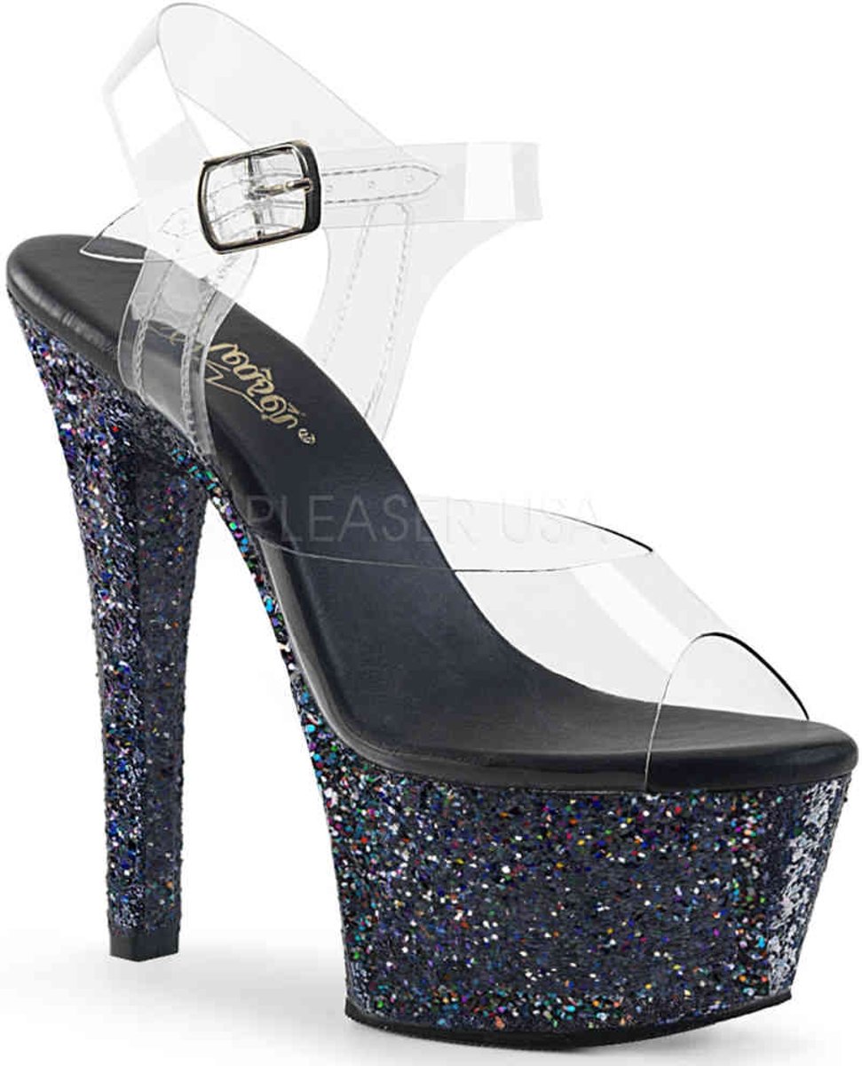 EU 38 = US 8 | ASPIRE-608LG | 6 Heel, 2 1/4 PF Ankle Strap Sandal W/ Glitters